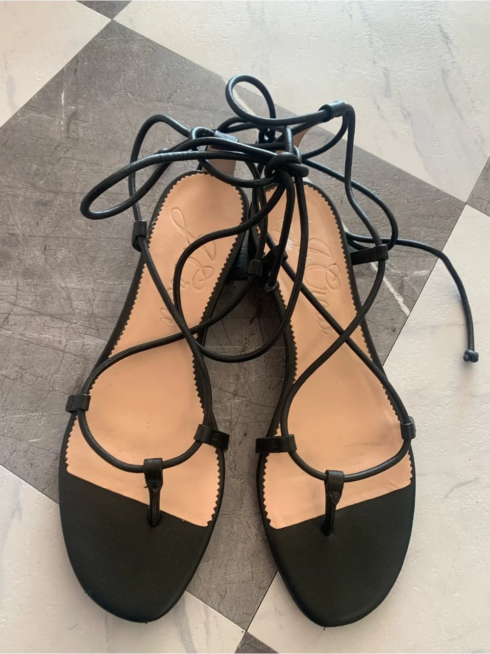 J. Crew Black Lace-Up Toe-Loop Sandals with Tan Insole